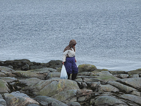 A person in winter clothing is standing, holding a plastic bag filled with mussels. The person is walking on the rocky shore. A body of water is the background.